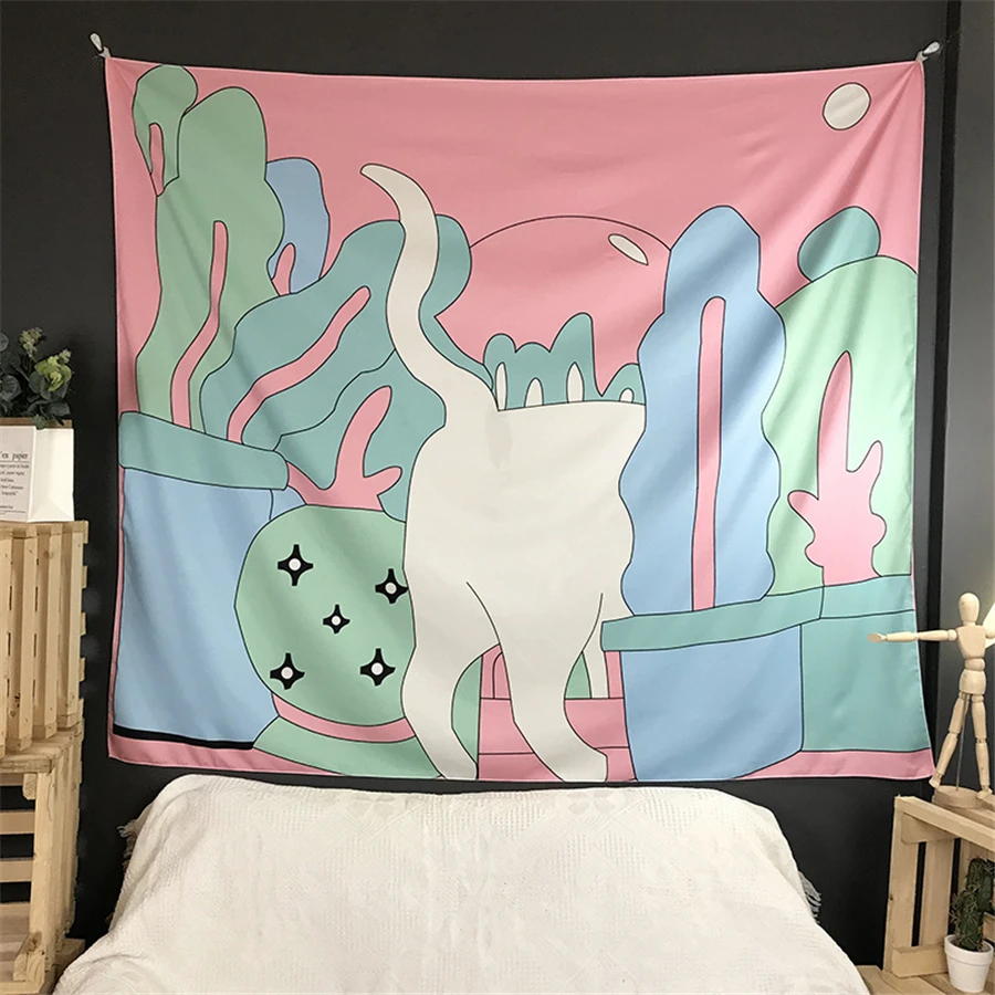 Скандинавский гобелен для девочек розовый абстрактный искусство кошка в саду