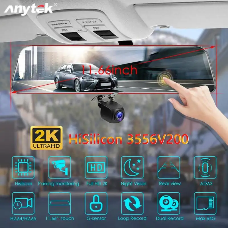 Anytek A9 Dash Cam DVR 1440p Dashcam 11,66 дюймов ips Автомобильная камера рекордер зеркало заднего вида двойной объектив ADAS ночное видение видео