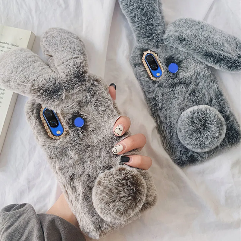 

Huawei P40 Lite E Case Plush Rabbit Ears Furry Case Silicone Soft Back Cover For Huawei P40 Lite E Fashion Protection Phone Case