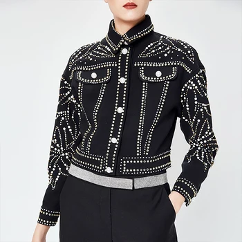 

Autumn 2019 European New Shining Diamond Pearls Jacket Elegant Long Sleeve Black Short Outerwear High Street Jacket Dropshipping