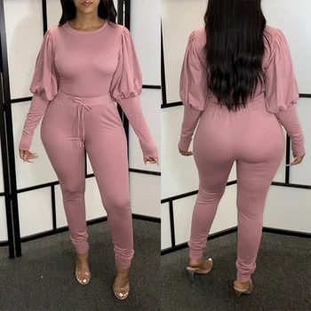 

Solid Chic Long Puff Sleeve Shirts Pants Suit Two Piece Set Women Matching Outfits 2020 Autumn New Plus Size Casual Slim Bodycon