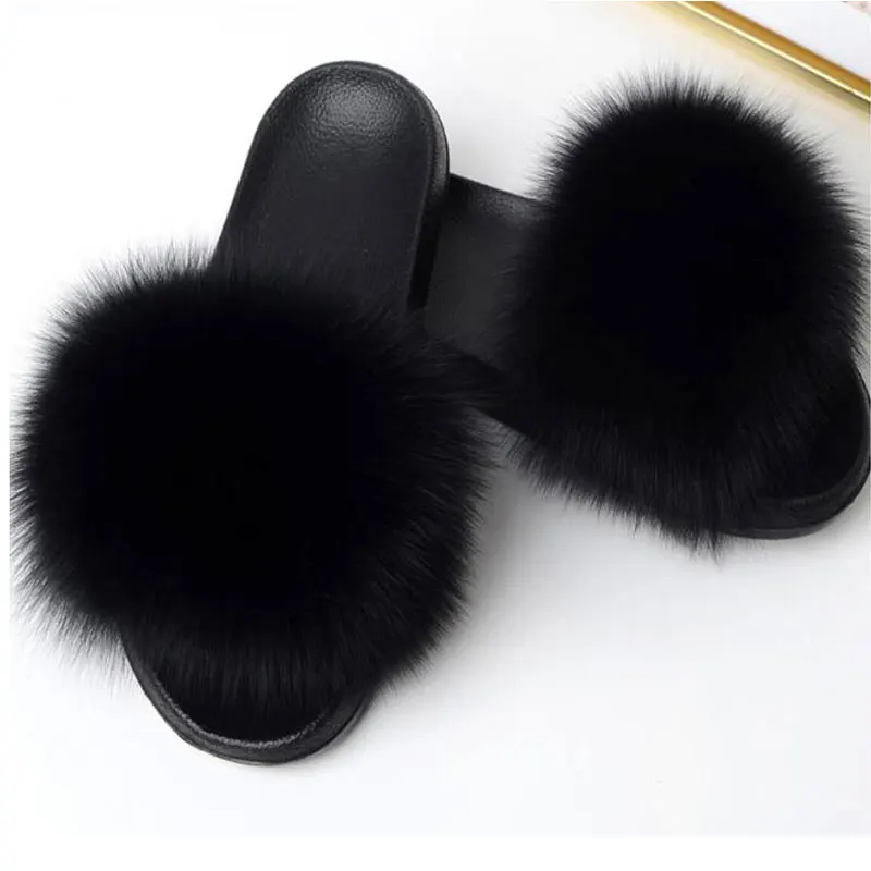 

Fur Indoor Flip Flops Casual Shoes Woman Raccoon Fur Sandals Fluffy Fashion Plush Shoes