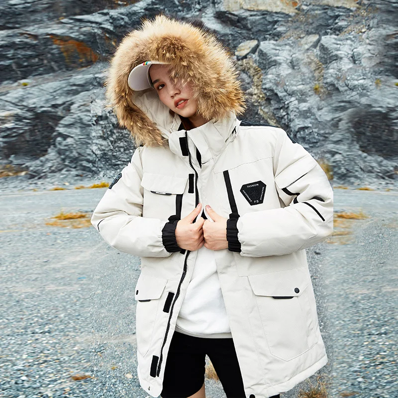 Men's White Duck Down Jacket Cargo Warm Hooded Thick Puffer Coats Couple Thermal Winter Parka Streetwear down jacket mens jacket