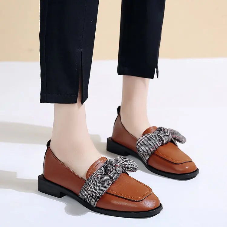 

England Small Leather Shoes Women's Autumn 2019 New Style Slip-on Students Versatile Shoes Women's Bow WOMEN'S Shoes Shallow Mou