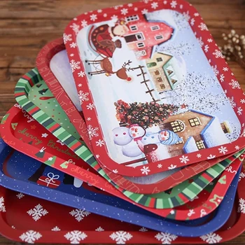 

1pc Christmas Iron Christmas Santa Claus Snowflake Rectangle Food Snack Red Wine Fruit Storage Tray Plate Kitchen Gadget