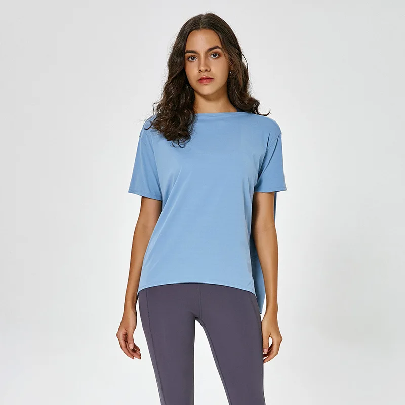 Женские свободные ткани для занятий спортом футболка для тренировок бегунов дышащие простые фитнес-Спорт с коротким рукавом футболки - Цвет: Синий