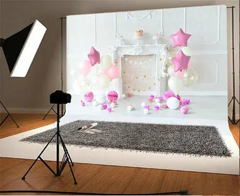 

White And Pink Color Star Balloons Cake Fireplace Room photography backgrounds Computer print newborn baby backdrop