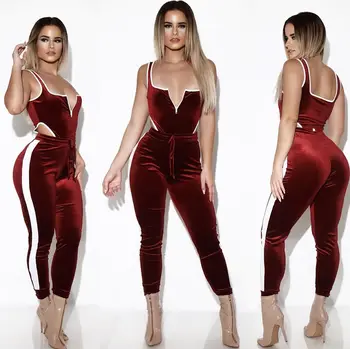 

Wjustforu Sexy Club Velvet 2 Piece Set Women Zipper Off Shoulder Playsuit + Sporting Pants Female Casual 2 Piece Set Tracksuit
