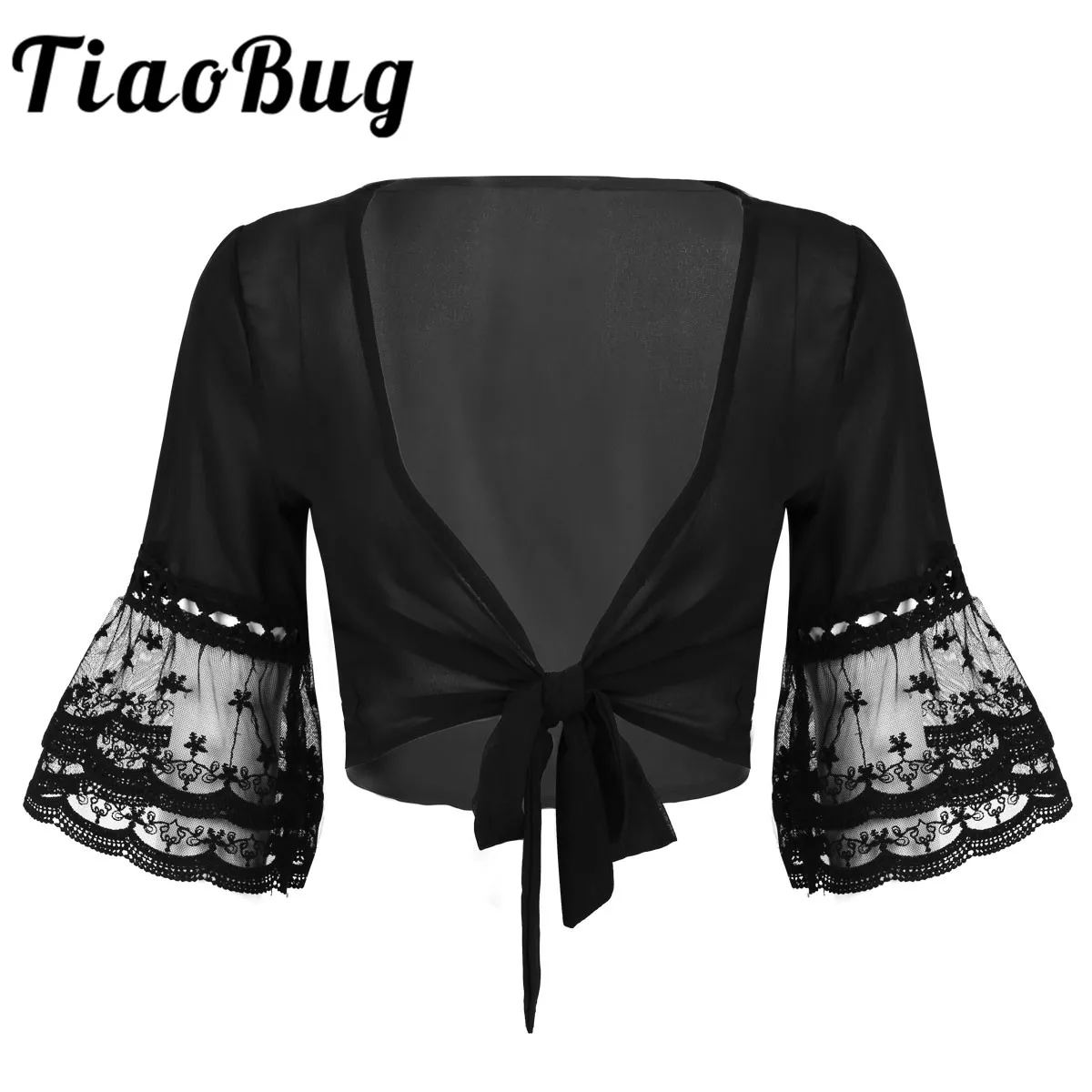 

New Arrival 2019 Women Elegant Deep V Neck 3/4 Flare Sleeve Tie Front Chiffon Kimono Blouse Cropped Cardigan Wedding Party Shrug