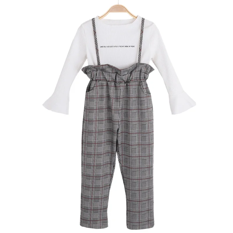 

Girls Plaid Sling Pants Set Long Sleeve Clothes + Plaid Pants Girl clothes Spring Autumn Leisure sets Two Piece Cotton