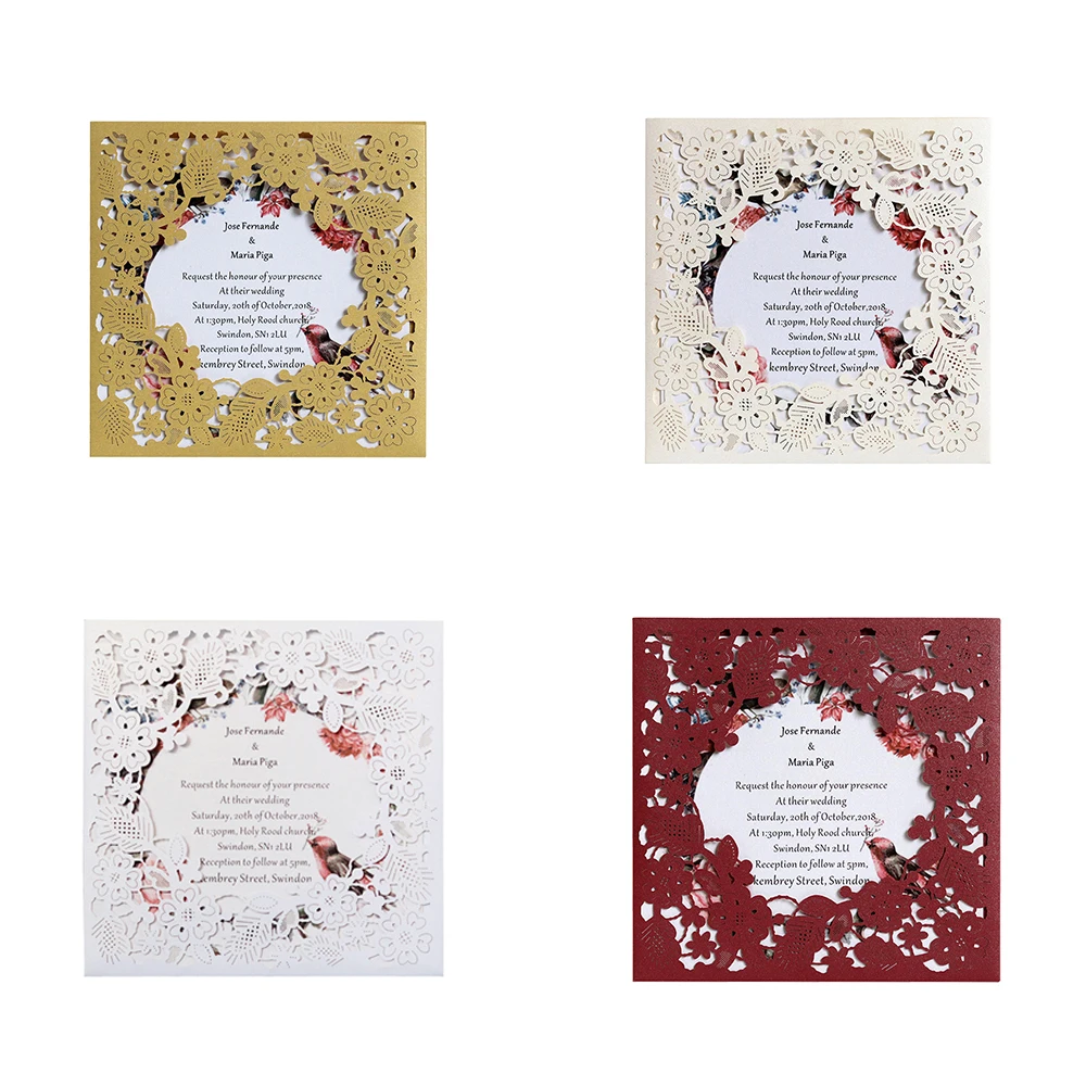  10pcs Pocket Style Laser Cut Wedding Invitation Card with Square Hollow Plant Lace Holiday Greeting - 4.00053E+12