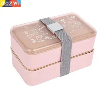 

On-the-Go Wheat Stalk Lunchbox Double Deck Bento Box Dinnerware Moveable Clipboard Tighten Belt Lunch Box
