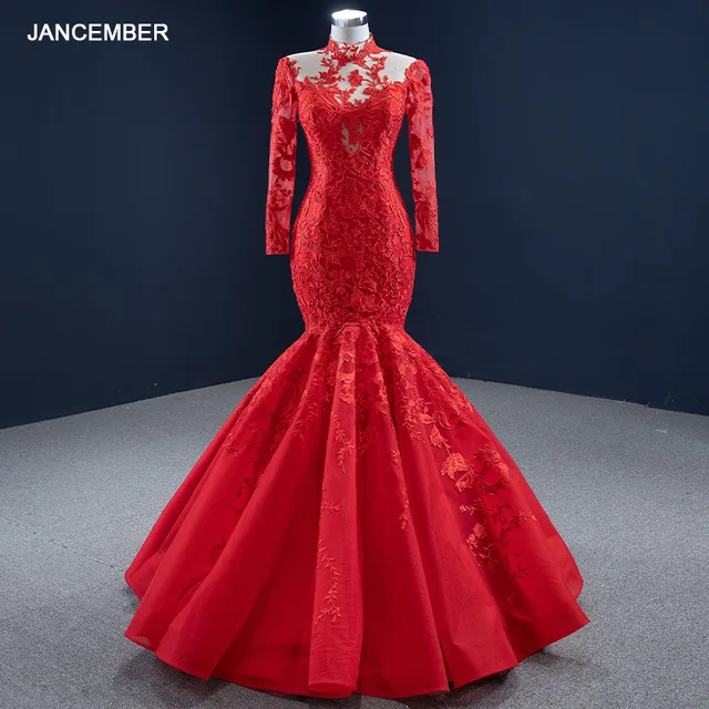 RSM67174 Red Luxury High Neck Applique Print Long Sleeve Party Dress 2021 Lace Backless Frill Evening Gown 1