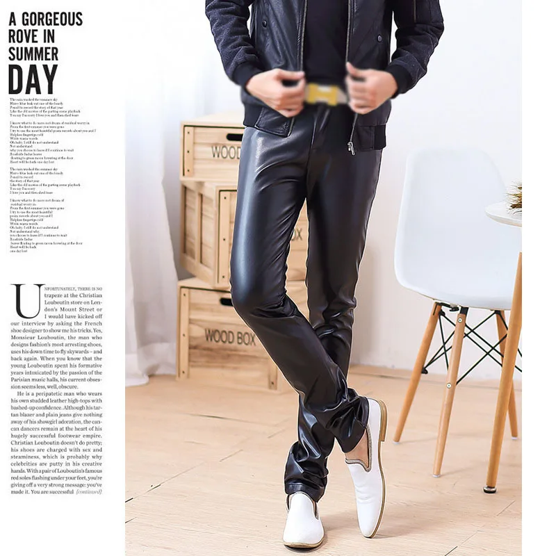 Idopy Модные мужские повседневные брюки из искусственной кожи эластичные черные деловые узкие брюки из искусственной кожи для мужчин