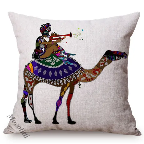 African Folk Traditional Music Art Hand Painted Africa Women Ride Giraffe Abstract Pattern Sofa Pillow Cover Linen Cushion Cover K156-3