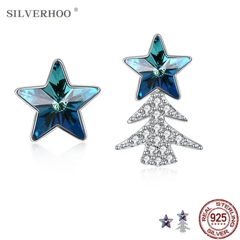

SILVERHOO 925 Sterling Silver Drop Earrings For Women Asymmetric Christmas Tree And Pentagram Blue Crystal Earrings Trend 2020