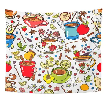 

Berries Orange Apple Hot Drink Tea Cup Pattern Slice Carnation Chamomile Tapestry Home Decor Wall Hanging for Living Room
