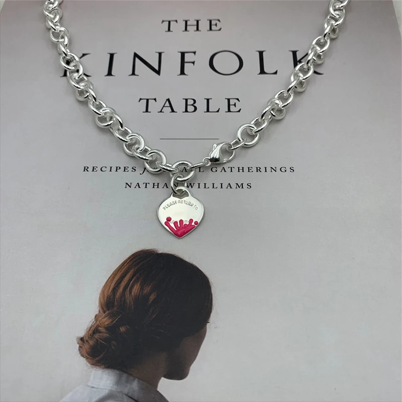 

SHINETUNG TIFF 1: 1 925 sterling silver classic fashion red enamel splash heart pendant necklace logo women's birthday gift