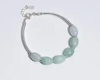 

100% 10MM*7.5MM real. 925 Sterling silver Fine Jewelry Natural Oval emerald Jade Stone &round Beads bangle Bracelet RetroGTLS604