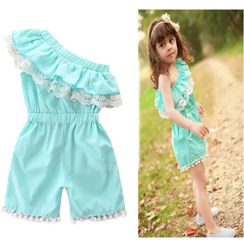 

Summer Baby Girls Clothes 2020 Best-selling Children Jumpsuits Girls Blue Diagonal Shoulder Jumpsuit Roupa Infantil Menina