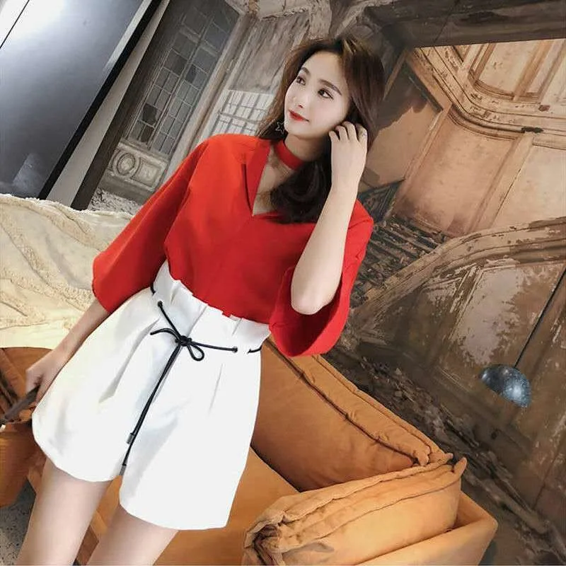 

korean office short-sleeve top and high waist wide leg pants 2 piece set women tiktok clothes 2020 summer loose two pieces set