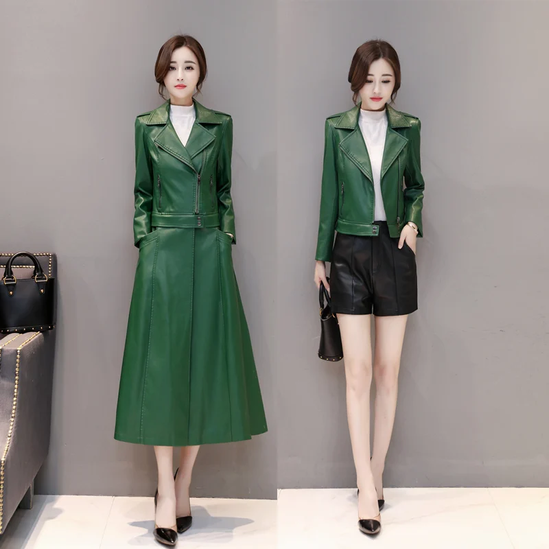 Черная кожаная женская куртка, осенняя зимняя верхняя одежда размера плюс, мягкое кожаное пальто, Женское пальто из искусственной кожи - Цвет: Зеленый