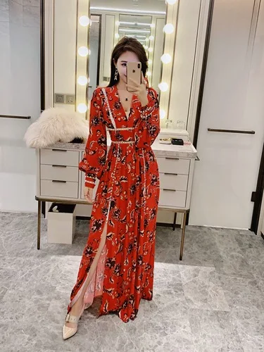 

aihuyigui autumn winter beach runway red flower print dress women long sleeve v-neck high waist long red dress vestidos cy21
