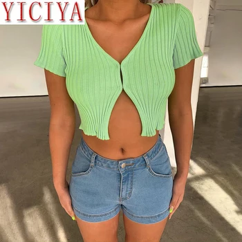 

YICIYA Fashion 2020 Summer Sexy Cropped Top Short Sleeve V-Neck Button Front Split Solid Women Elastic Streetwear Ladies Slim