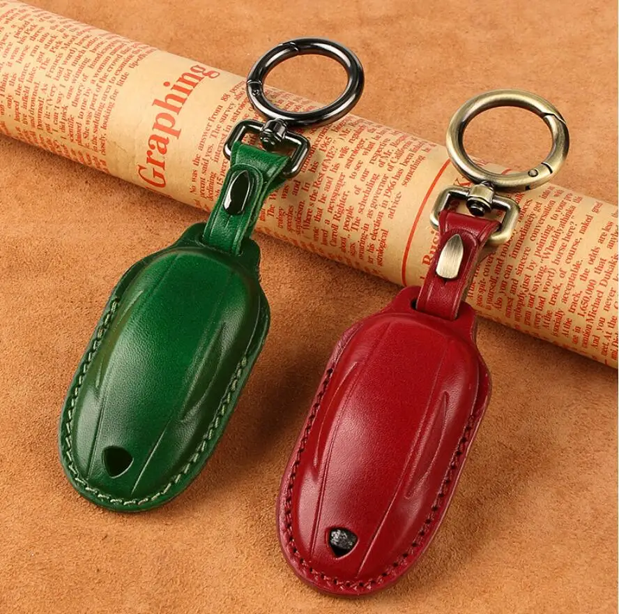 Geunine Leather Car Key Case For Tesla Model S Model 3 Model X Key Holder Cover Protect Accessories