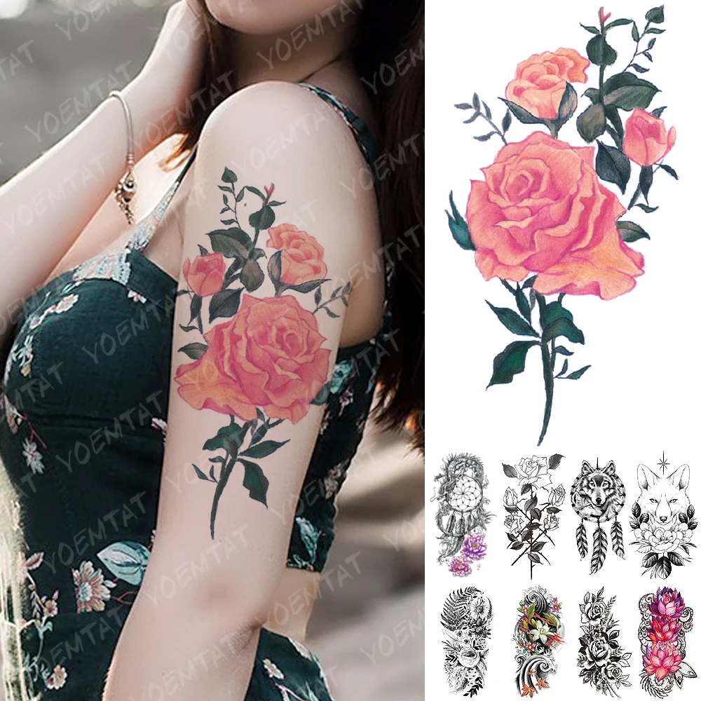 

Waterproof Temporary Tattoo Sticker Rose Line Flower Lace Flash Tattoos Peony Wolf Body Art Arm Fake Tatoo Women Men