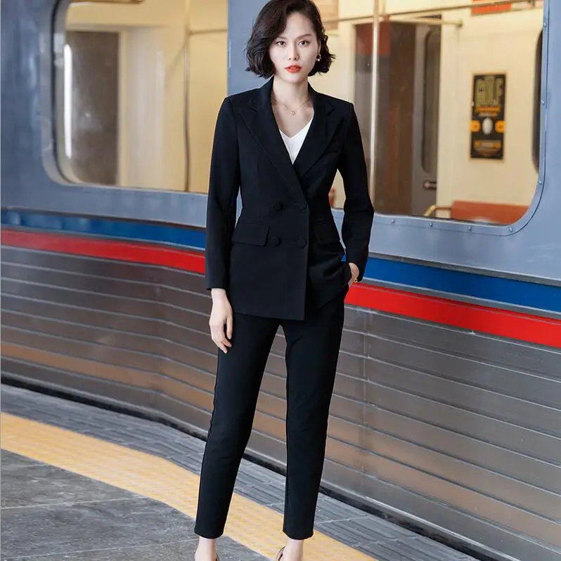 New Office Work Blazer Suits Of High Quality OL Women Pants Suit Blazers Jackets With Trouser Two Pieces Set Red Pink Blue - Цвет: Black set