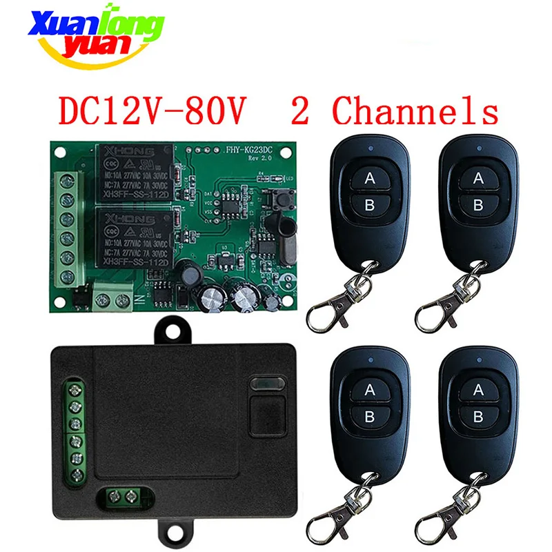 

433MHz Universal Wireless Remote Control DC 12V 24V DC12V-80V 2CH Radio Relay Receiver Module RF Switch for Gate Garage opener