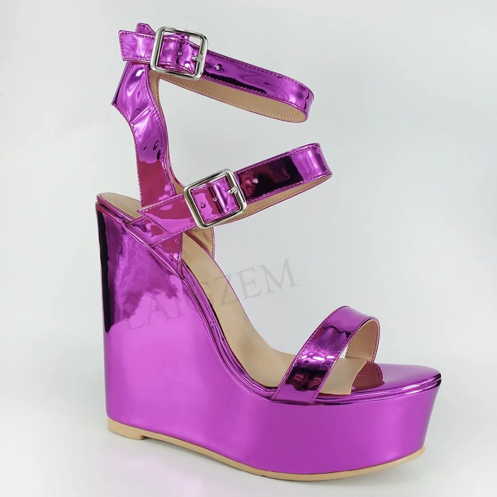 LAIGZEM женские босоножки платформа, танкетка, каблук сандалии для девочек блестящие фиолетовые женские туфли Повседневное пикантные сандалии с круглым носком; Zapato большой Размеры, 50, 51, 52