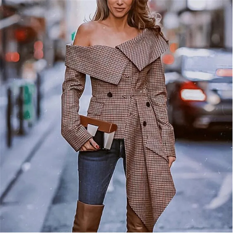 

Trendy women clothes off shoulder Button pocket Geometry Shirts long sleeve casual irregular polyester Blouses one pieces