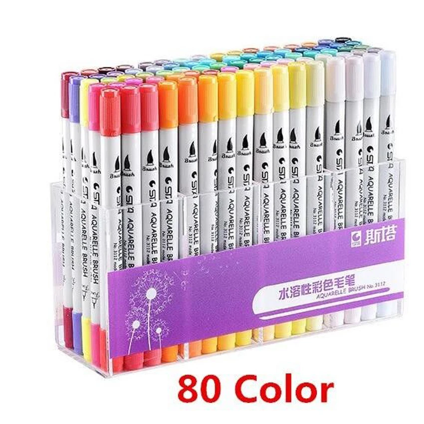 1X Dual Tips Fine Brush Sketch Marker Pen Water Based Ink Paintbrush Tip Brush Pen Calligraphy Sketching School Supplies