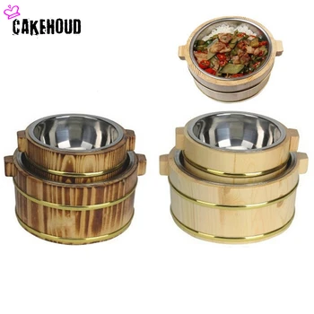 

Chinese Style Wooden Sushi Container Kitchen Food Tray Wooden Keg Stainless Steel Dish Restaurant Steamed Food Wooden Barrel