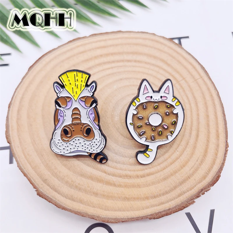 Creative Fun Animal Hippo Horse Enamel Pins Chocolate Donut Cute Alloy