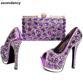 

New Arrival Ladies Italian Shoes and Bag Set Purple Rhinestone Gold Shoe and Bag Set Sales In Women Matching Shoes and Bag Set