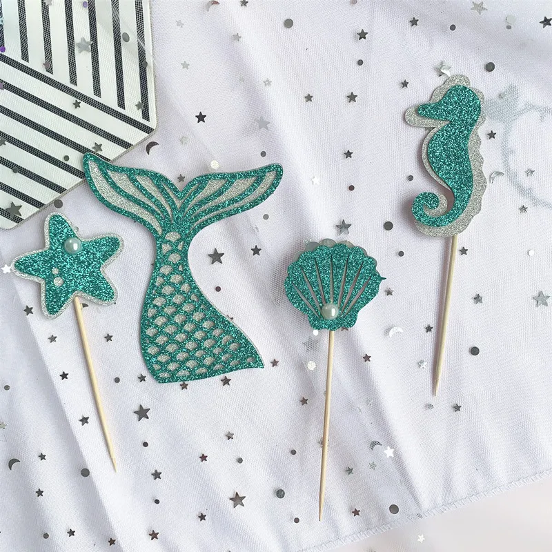 Glitter Mermaid Tail Seahorse Starfish Cake Topper Girl Birthday Party Decoration Mermaid Party Cupcake Supplies Baby Shower Deco