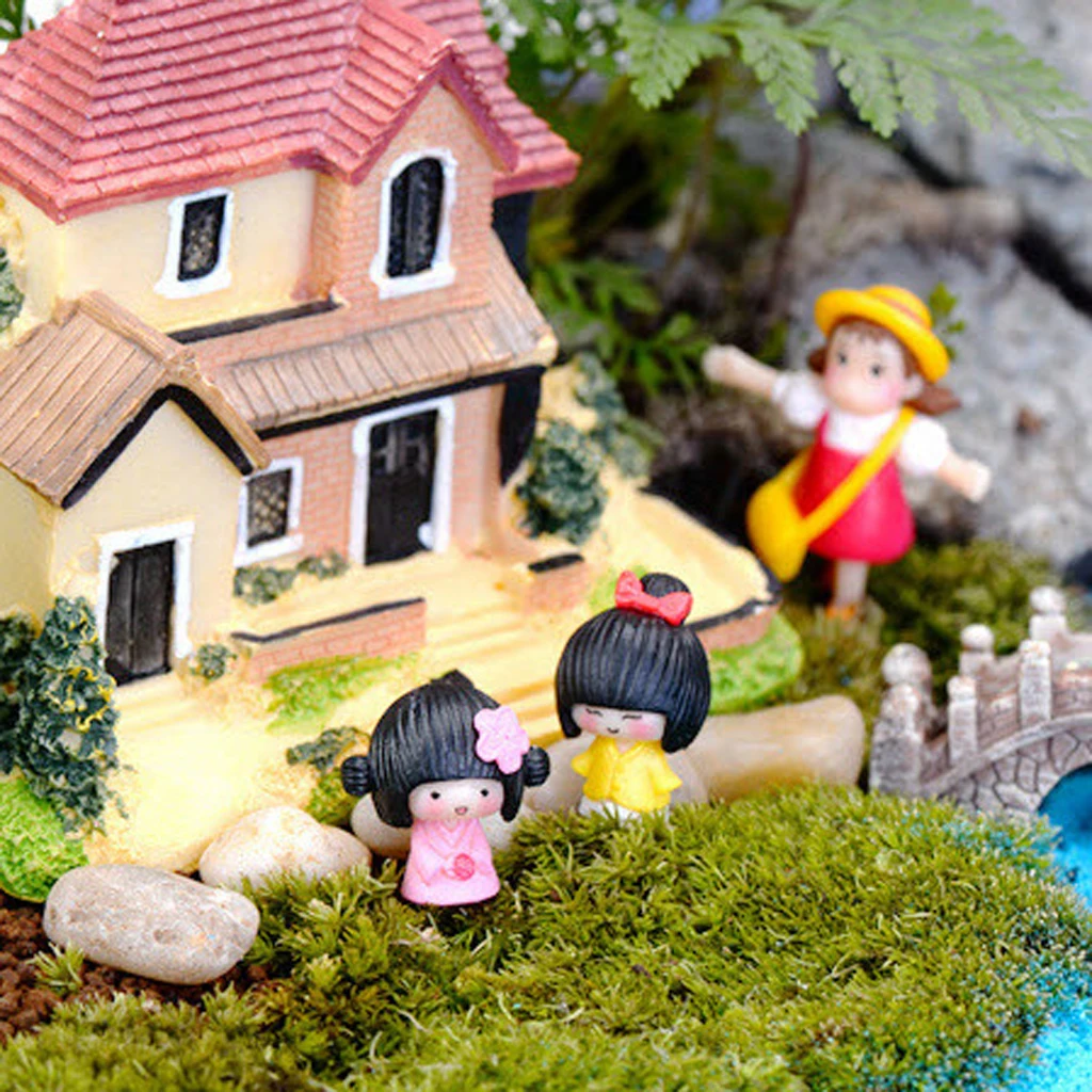 Set Of 10pcs Miniature Bonsai Garden Landscape DIY Dollhouse Furnishing Decoration, Cute Girl In Kimono