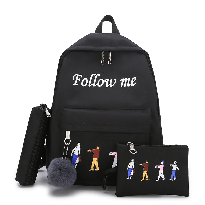 

Youth Girl's bagpack Fur Ball Decoration Multifunction Four-piece Set Strap Bags Follow Me Print