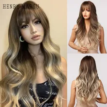 

HENRY MARGU Long Wavy Synthetic Wigs Brown to Blonde Ombre with Bangs Fake Hair for Women Daily Cosplay Party Heat Resistant Wig