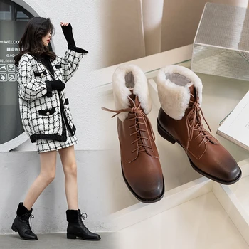 

Genuine Leather Women Winter Plush Warm Snow Boots Ladies Wool Booties Ankle Boots Comfortable Shoes Lace-up Women Boots