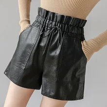

2020 Korean Style PU Leather Shorts Women Fall Winter Elastic High Waist Wide Leg Short Ladies Black Woman Shorts Vetement Femme