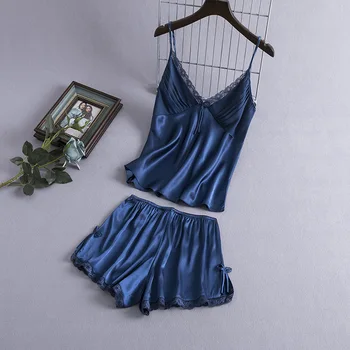 

Women's Lace Trim Velvet Bralette and Shorts Pajama Set Silk Summer Sleeveless V-neck