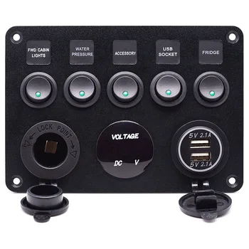 

5 Gang Boat Switch Panel 12-24V Power Outlet Voltmeter Dual USB Charger for Car Boat Marine RV Rocker Panel Switches