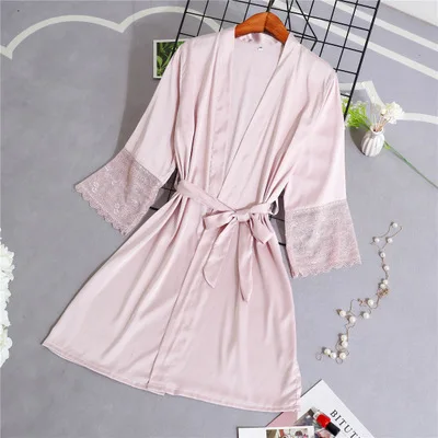 Сексуальные женские Кружево Satin Robe платье однотонные мягкие ночная рубашка кимоно халат пижамы свадебные туфли невесты Халаты - Цвет: Pink Robe