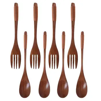 

for Bloomeet 4 Pairs Japanese Style Spoon Fork Eco Friendly Handmade Tied Line Wooden Spoons Forks Set Reusable Utensils Tablewa