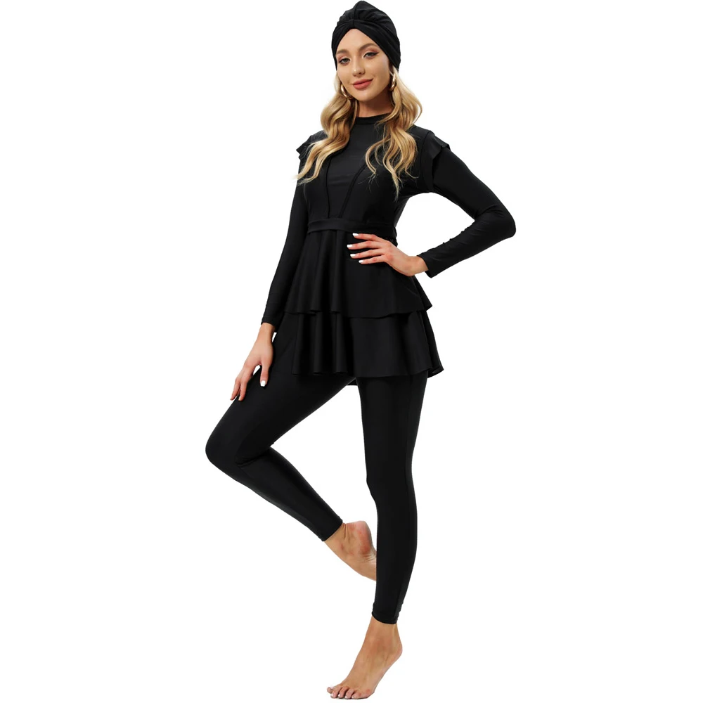 YONGSEN Women Burkini islamic Modest Plus Size Muslim Swimwear with Bra Pad Front Black and White Grid Hijab Swimsuit