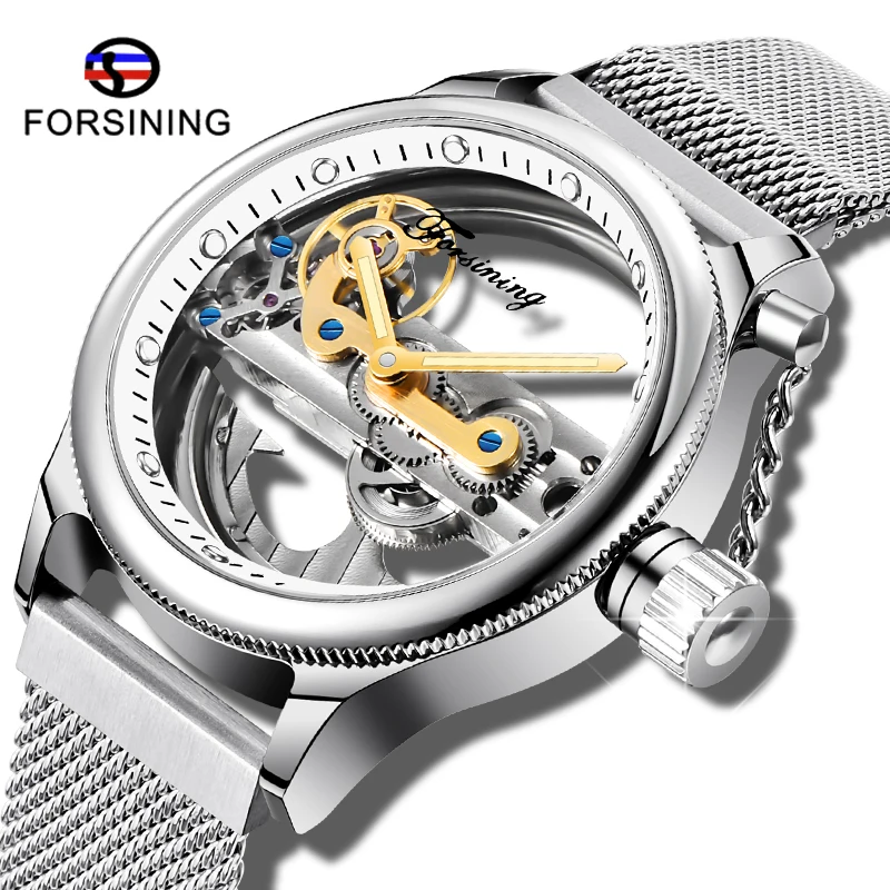 

Fashion FORSINING Openwork Silver Mesh Stainless Steel Band Mens Automatic Skeleton Watch Luminous Design Male Wristwatch